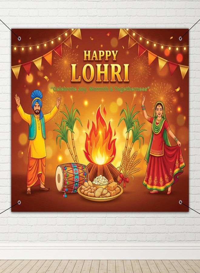 1iAM Happy Lohri Decoration Flex 4x3ft - Pack of 4 | Exclusive "HAPPY LOHRI" Printed Flex Backdrop with Hooks and Ring Ribbon | Punjabi Festival Decor For Home Indoor Outdoor Event on 13th January - Image 1